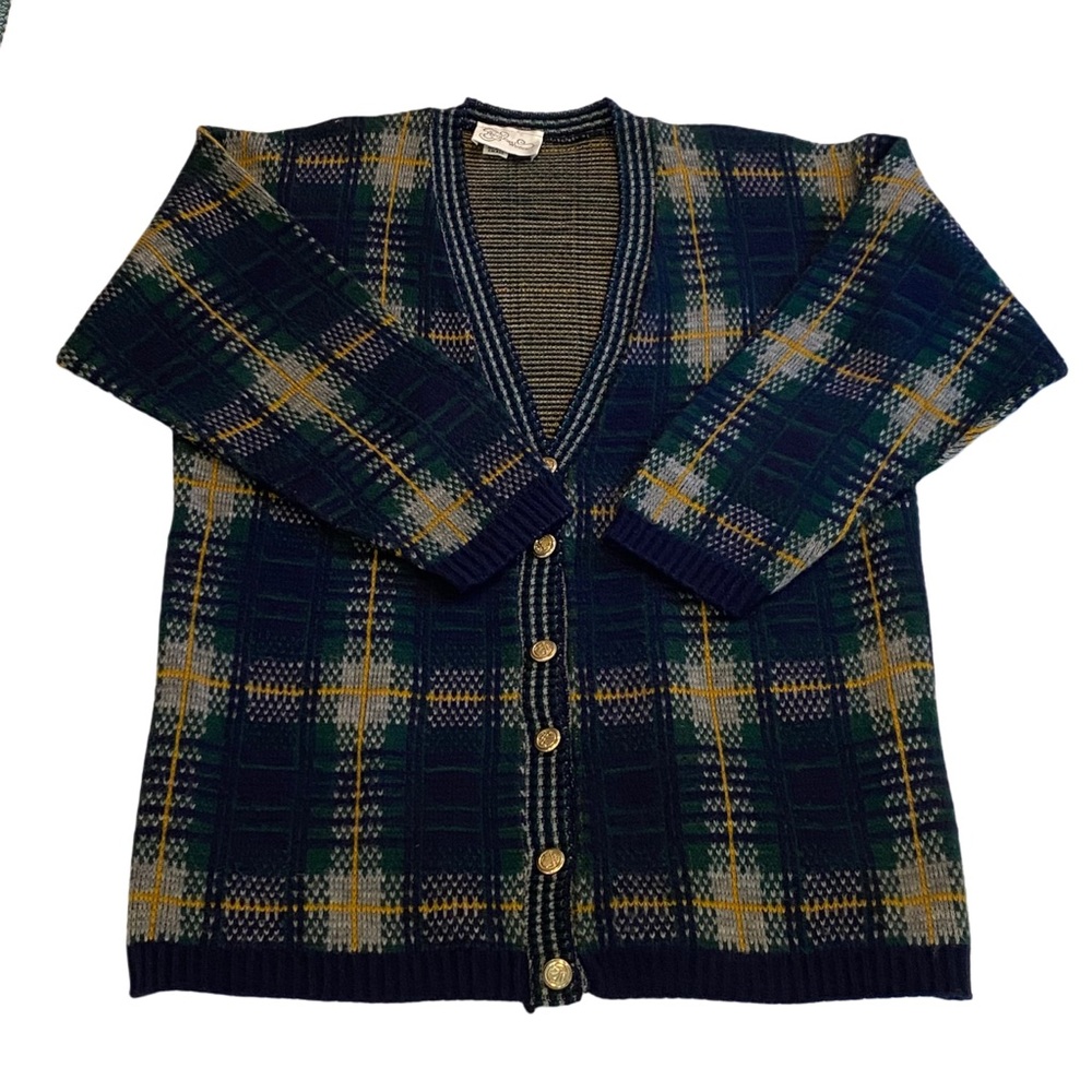 Vintage Nicole Winter Blue Plaid Cardigan Sweater Size Small